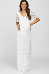 Ivory Lace Front Tie Maternity Maxi Dress