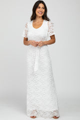 Ivory Lace Front Tie Maxi Dress