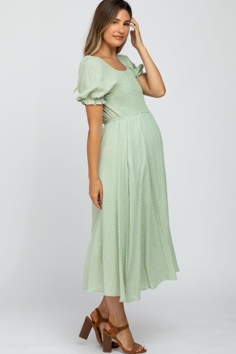 Mint Smocked Puff Sleeve Maternity Midi Dress– PinkBlush
