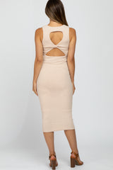 Beige Twist Back Accent Ribbed Maternity Midi Dress