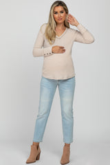 Beige Waffle Knit Long Button Sleeve Maternity Top