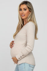 Beige Waffle Knit Long Button Sleeve Maternity Top