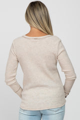 Beige Waffle Knit Long Button Sleeve Maternity Top