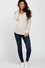 Beige Waffle Knit Long Button Sleeve Top