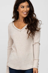 Beige Waffle Knit Long Button Sleeve Maternity Top