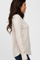 Beige Waffle Knit Long Button Sleeve Top