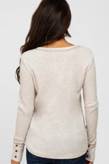 Beige Waffle Knit Long Button Sleeve Top