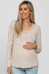 Beige Waffle Knit Long Button Sleeve Maternity Top