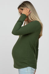 Olive Waffle Knit Long Button Sleeve Maternity Top