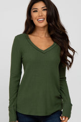 Olive Waffle Knit Long Button Sleeve Maternity Top