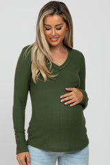 Olive Waffle Knit Long Button Sleeve Maternity Top