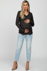 Charcoal Waffle Knit Long Button Sleeve Maternity Top