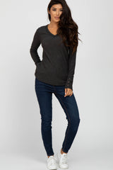 Charcoal Waffle Knit Long Button Sleeve Top