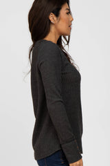 Charcoal Waffle Knit Long Button Sleeve Top