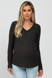 Charcoal Waffle Knit Long Button Sleeve Maternity Top