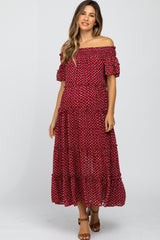 Burgundy Printed Off Shoulder Maternity Maxi Dress