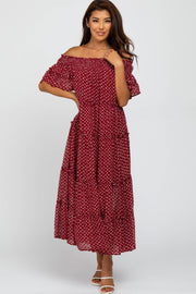 Burgundy Printed Off Shoulder Maxi Dress