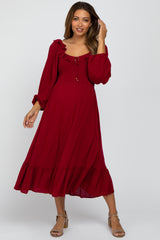 Burgundy Smocked Ruffle Accent Maternity Midi Dress