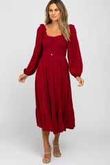 Burgundy Smocked Ruffle Accent Maternity Midi Dress