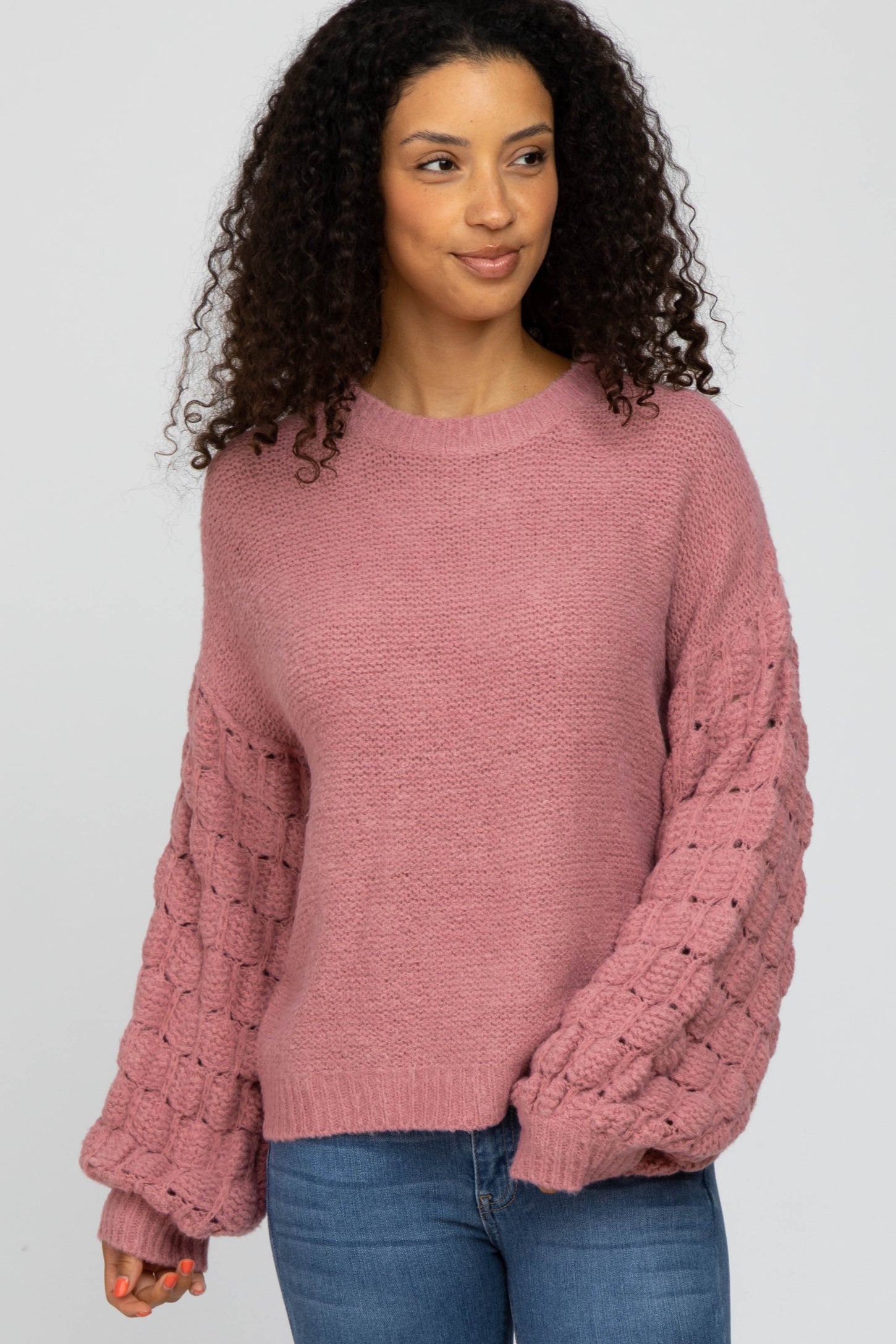 Mauve Textured Bubble Sleeve Maternity Sweater– PinkBlush