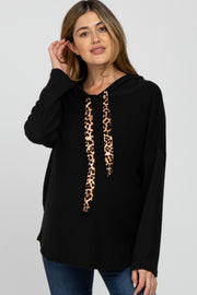 Black Brushed Animal Print Drawstring Maternity Hoodie