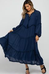 Navy Ruffle Accent Tiered Maternity Midi Dress