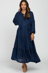 Navy Ruffle Accent Tiered Maternity Midi Dress