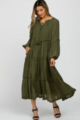 Olive Ruffle Accent Tiered Midi Dress