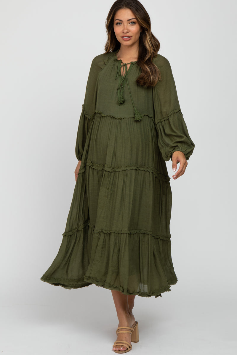 Olive Ruffle Accent Tiered Maternity Midi Dress – PinkBlush