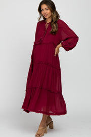 Burgundy Ruffle Accent Tiered Maternity Midi Dress