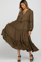 Dark Taupe Ruffle Accent Tiered Maternity Midi Dress