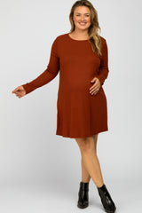 Rust Ribbed Long Sleeve Plus Maternity Dress