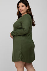 Olive Ribbed Long Sleeve Plus Dress