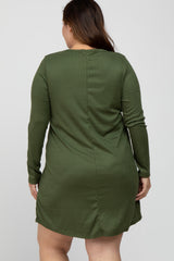 Olive Ribbed Long Sleeve Plus Dress