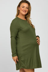 Olive Ribbed Long Sleeve Plus Maternity Dress