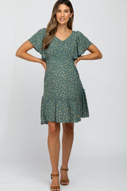 Light Olive Floral Flounce Sleeve Maternity Dress