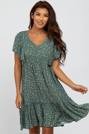 Light Olive Floral Flounce Sleeve Dress