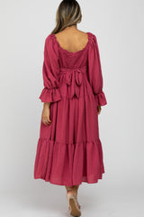 Magenta Square Ruffle Neck Smocked Midi Dress