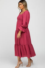 Magenta Square Ruffle Neck Smocked Midi Dress