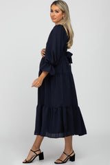 Navy Blue Square Ruffle Neck Smocked Maternity Midi Dress