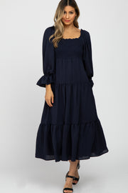 Navy Blue Square Ruffle Neck Smocked Midi Dress