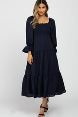 Navy Blue Square Ruffle Neck Smocked Maternity Midi Dress