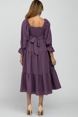 Purple Square Ruffle Neck Smocked Maternity Midi Dress