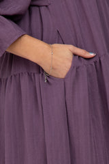 Purple Square Ruffle Neck Smocked Maternity Midi Dress