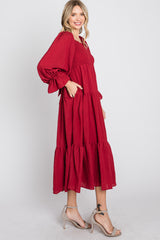 Red Square Ruffle Neck Smocked Midi Dress