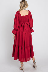 Red Square Ruffle Neck Smocked Midi Dress