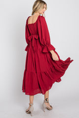 Red Square Ruffle Neck Smocked Midi Dress