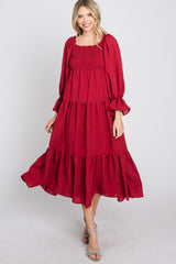 Red Square Ruffle Neck Smocked Midi Dress