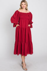 Red Square Ruffle Neck Smocked Midi Dress