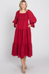 Red Square Ruffle Neck Smocked Midi Dress